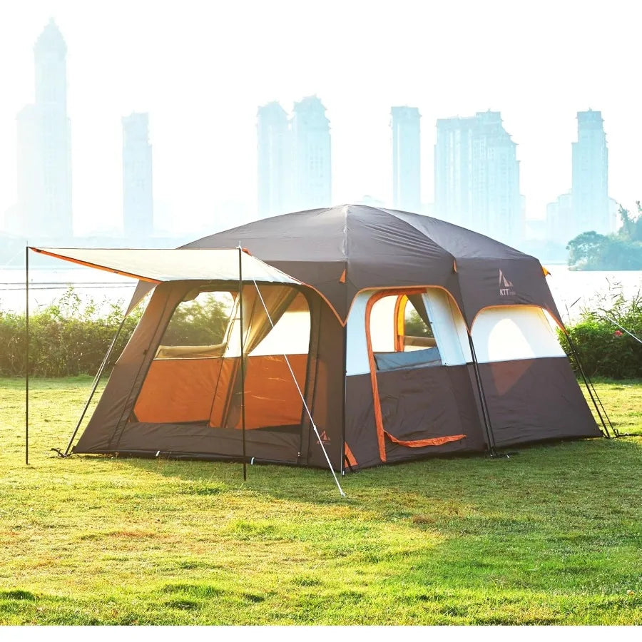 Extra Large Tent 6-10-12-14 Person Style-B Family Cabin Tents with 2 Rooms 3 Doors and 3 Windows Featuring Mesh Panels Straight