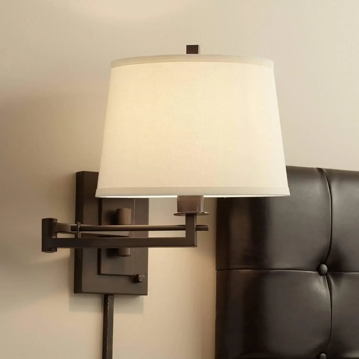 Easley Modern Swing Arm Adjustable Wall Lamp with Cord Matte Bronze Brown Plug-in Light Fixture Dimmable Fabric Drum Shade for B