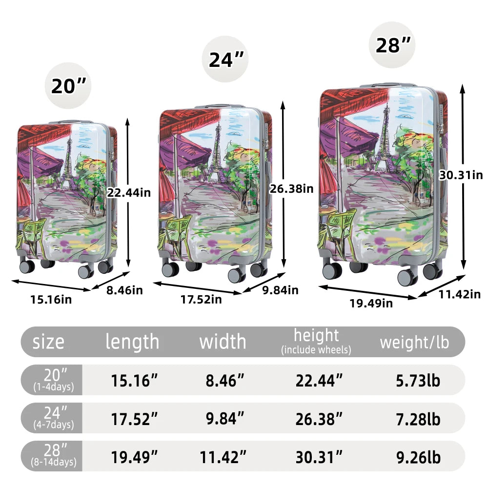 20/24/28 3 pcs/set in PC Spinner Wheel Luggage, Carry on Suitcase, With Printed pattern and Combination Lock (Coffee+Iron Tower)