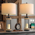 25" Farmhouse Table Lamps Set of 2 with Night Light, USB Charging Ports, Rustic Black Metal and Rope Design