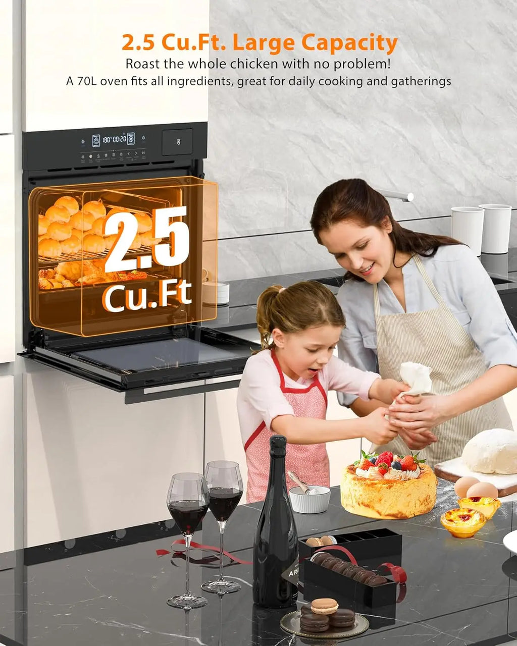 24Inch 70L Built-in Steam Oven, 240V 3000W Touch Control Air Fry Function 108 Smart Menus Wall Oven for Kitchen Baking Roasting