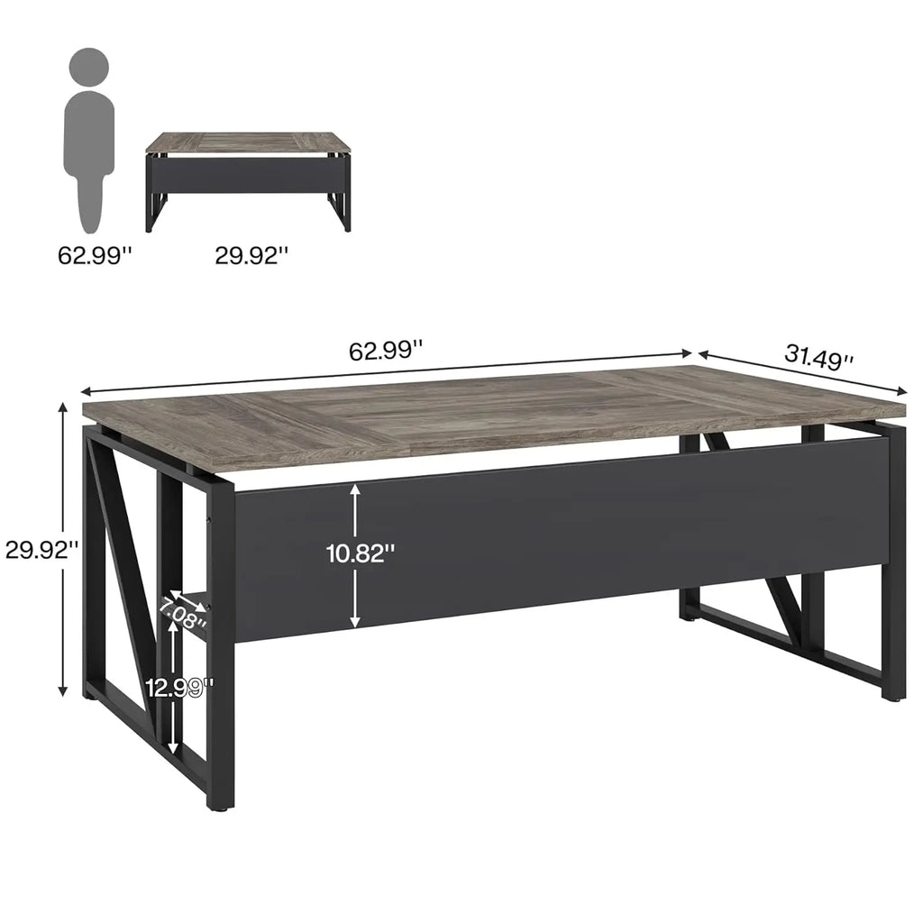 63" Computer Desk with Shelf, Home Office Writing Workstation, Dark Walnut Steel Frame, No Cabinet, Customized