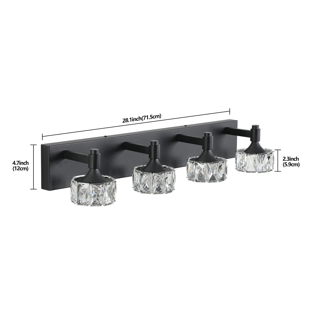4-Light LED Vanity Light Modern Matte Black Fixture with Crystal Glass Shades, Bathroom Wall Sconce for  Contemporary Home Deco