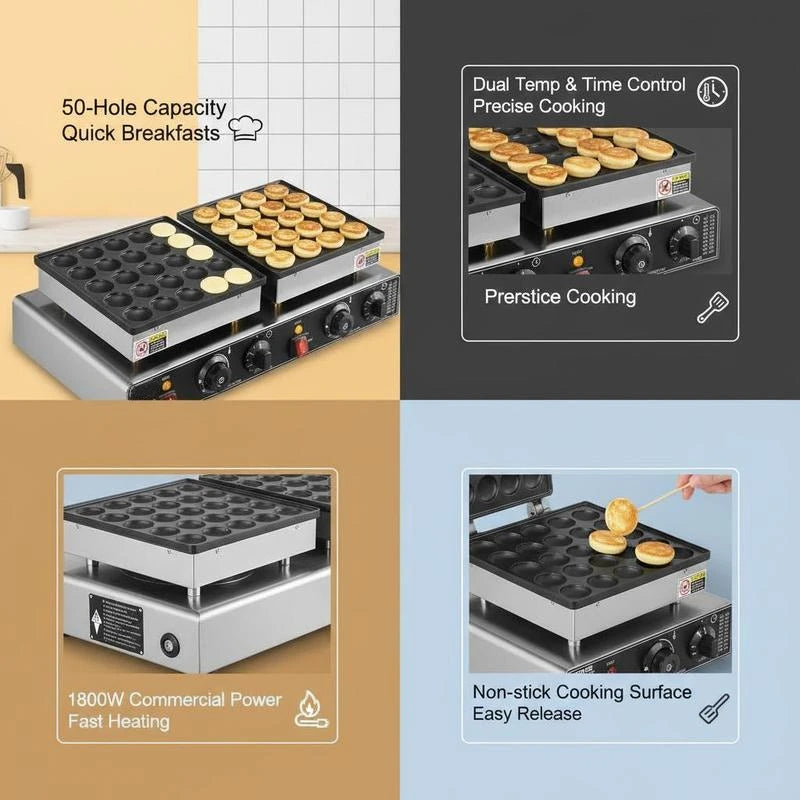 Mini Dutch Pancake Machine 50PCS For Kitchen Restaurant Dessert, Non-stick Dorayaki Baker 1800W Double Temperature Time Control Commercial Poffertjes Grill Pan 21.3x11.4x6.5 Inches Black Silver Professional Baking Equipment