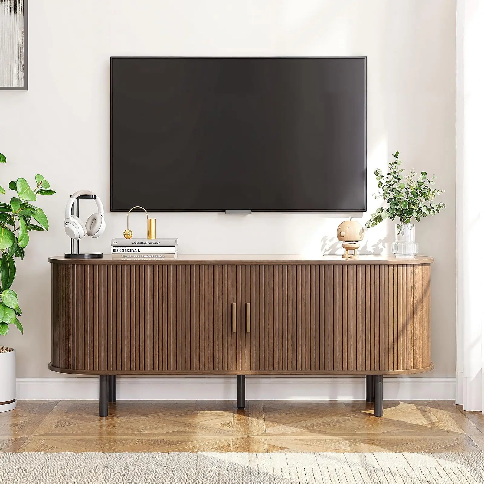 TV Stand Living Room Furniture with Power Outlet for TVs up to 60/70",TV Table with Sliding Doors Storage Adjustable Shelves