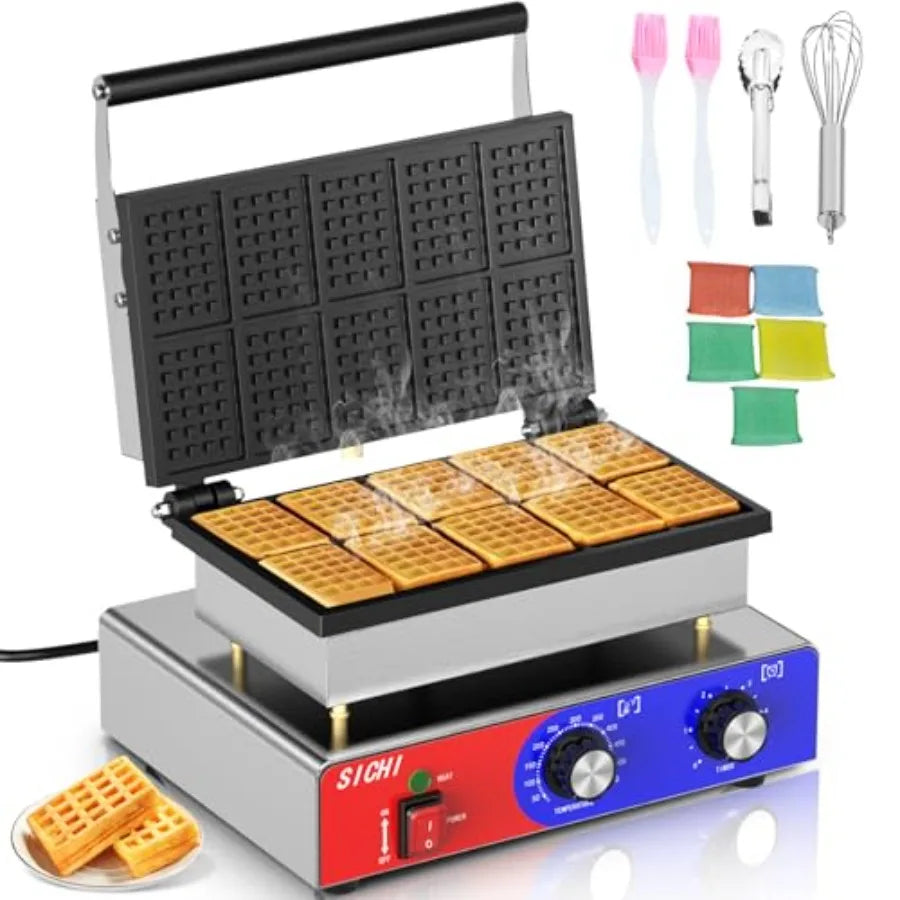 Commercial Square Waffle Maker with Stainless Steel Non-stick Pans 550 Temperature Control and Timer 1550W Double Baking Waffle