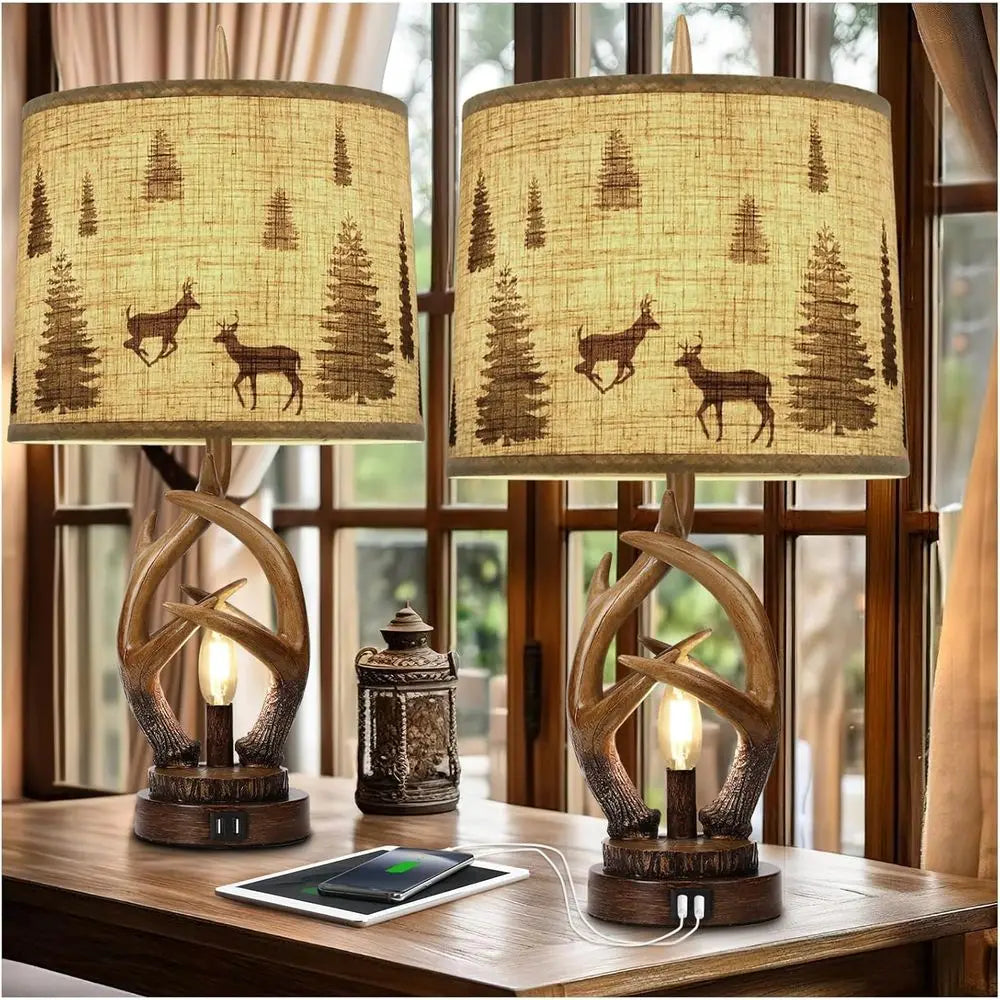 Rustic Antler Table Lamp Set of 2 with Nightlight, Dual USB Ports, Linen Fabric Shade, Suitable for Bedroom, Living Room, Office