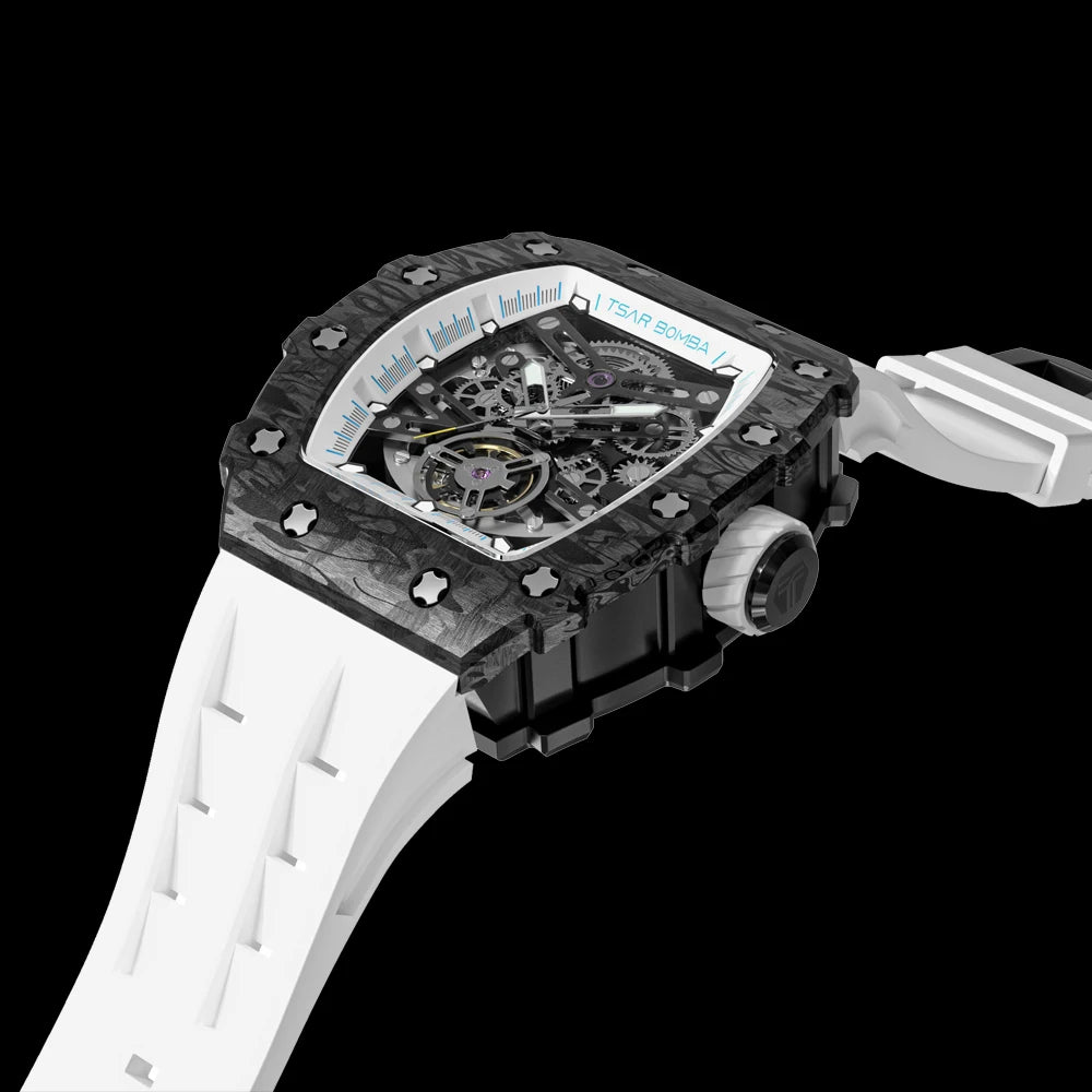 TSAR BOMBA 2022 Luxury Mens Automatic Watch Waterproof Carbon Fiber Clock Tonneau Skeleton Mechanical Wrist Watch for Men