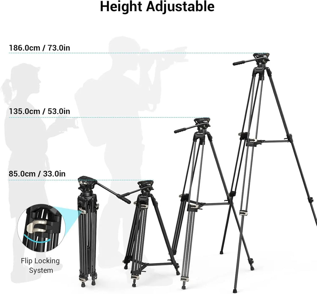 73" Heavy Duty Tripod with 360 Degree Fluid Head and Quick Release Plate for DSLR, Camcorder, Cameras