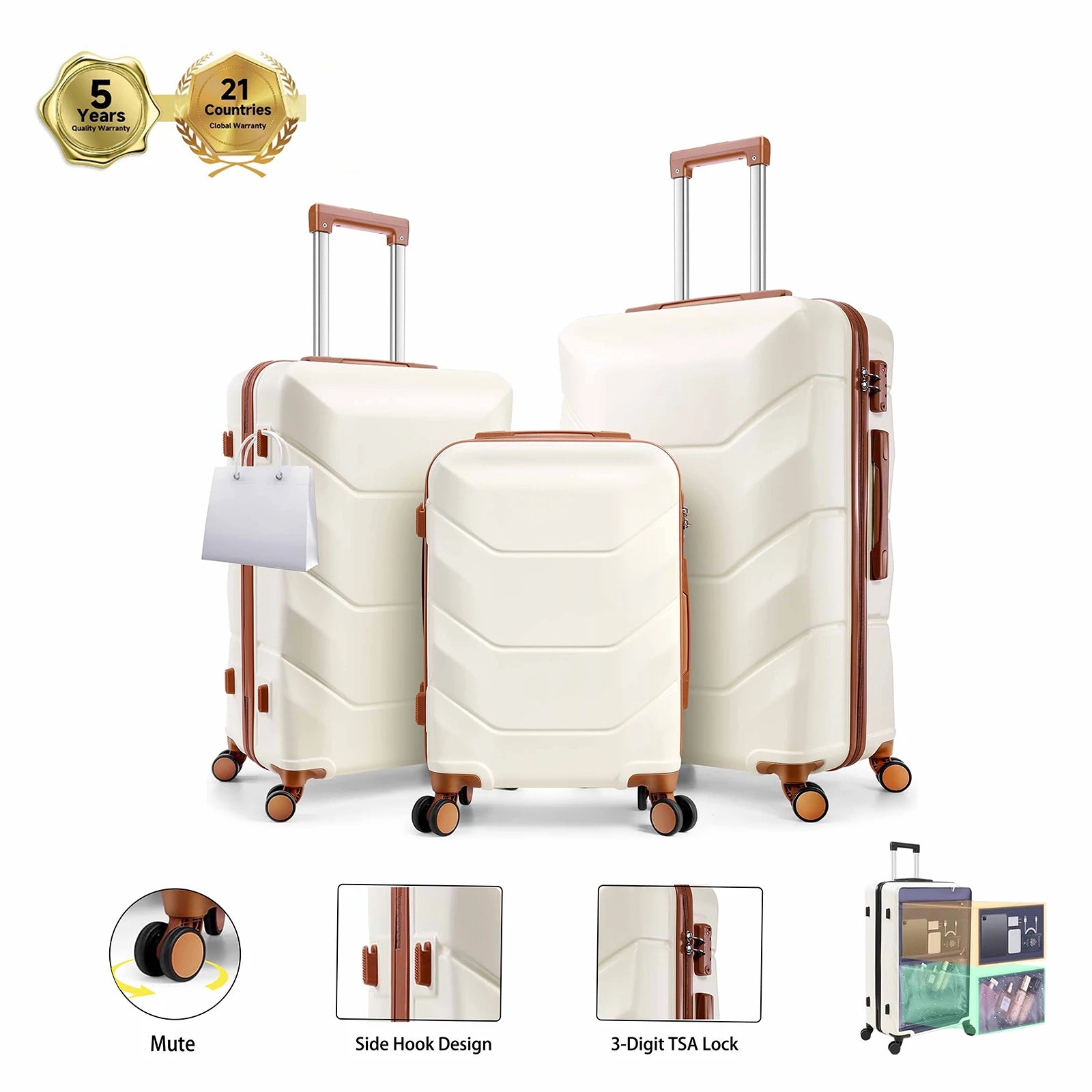 3pcs Luggage Set ABS Hardshell Suitcase With Spinner Wheel TSA Lock Side Hook Carry On Luggage For Business Trip 20/24/28 Inch