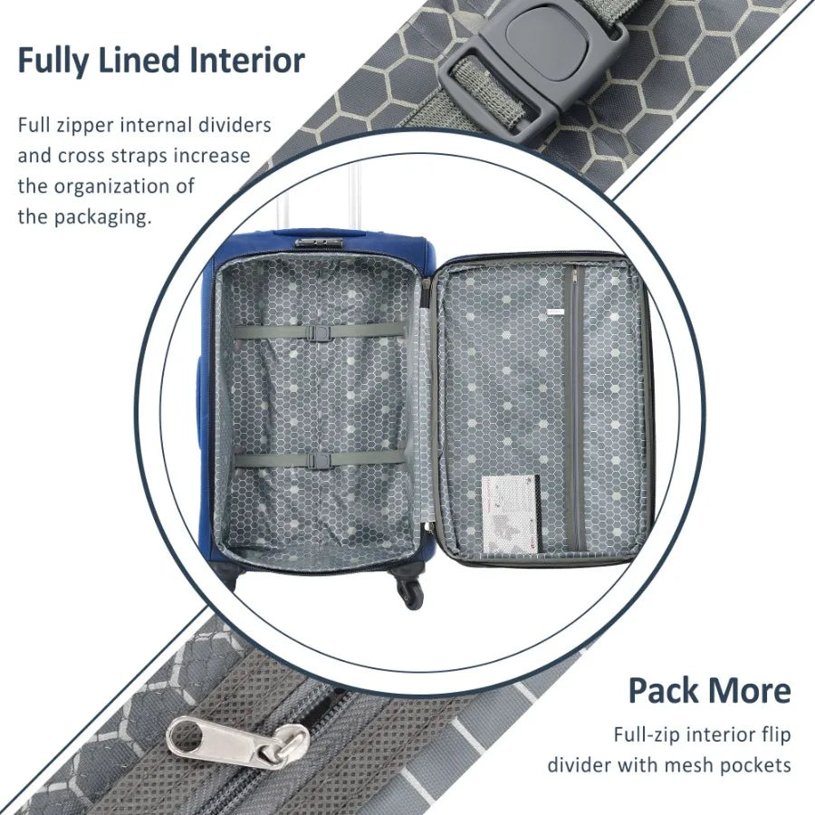 Travel luggage set for airport and business trips: softshell expandable upright spinners in navy blue, lightweight and durable