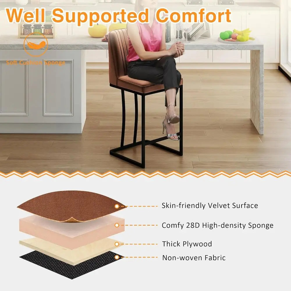 Set of 4, 24.8 Velvet Upholstered Counter Height Bar Stools with Footrests and Black Metal Legs, Brown