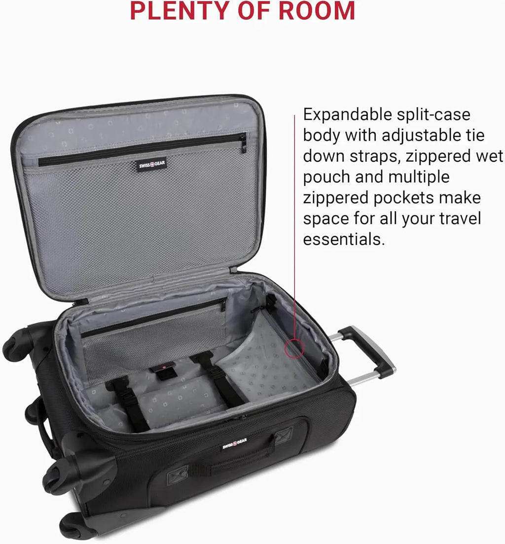 Expandable Spinner Luggage, Durable Lightweight Travel Suitcase in Black, Checked-Medium 25-Inch for Easy Trips