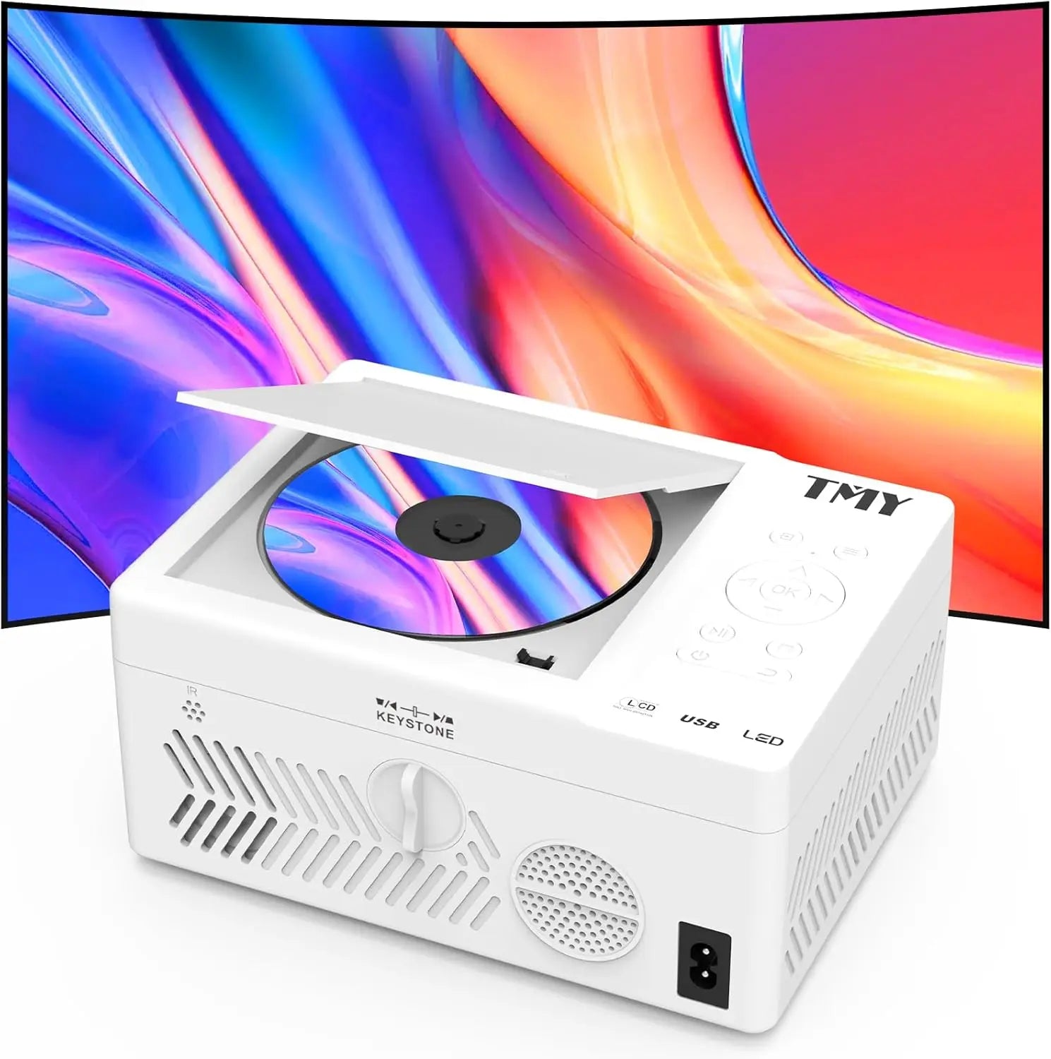 1080P Mini Projector with Built-in DVD Player, Portable for Outdoor Movies, Supports HDMI/USB/TF, White