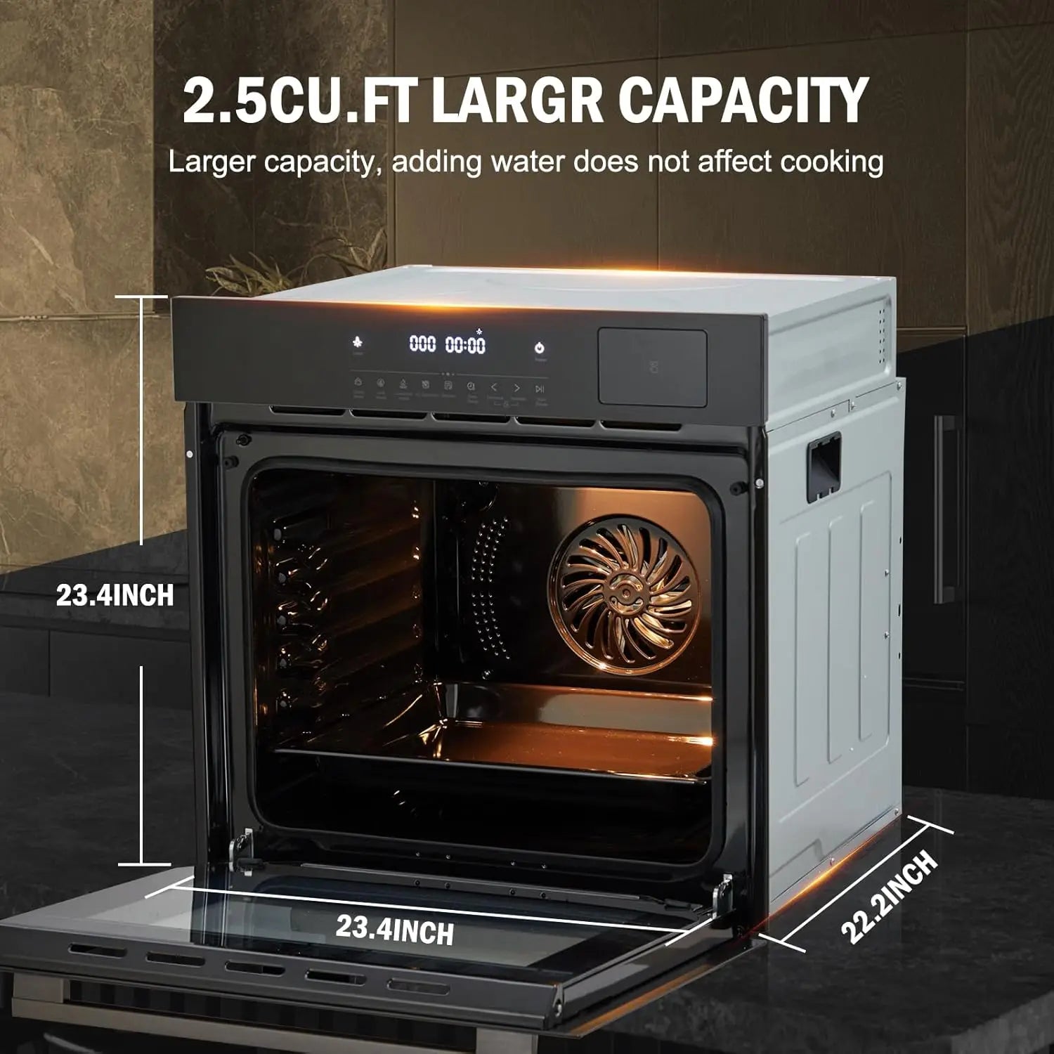 24Inch 70L Built-in Steam Oven, 240V 3000W Touch Control Air Fry Function 108 Smart Menus Wall Oven for Kitchen Baking Roasting