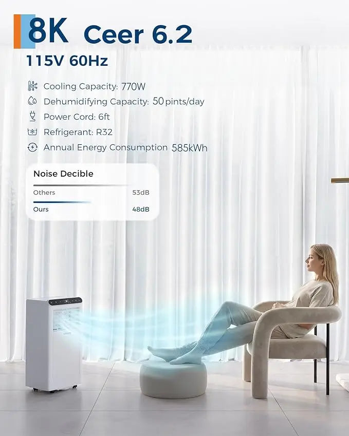8000 BTU Portable Air Conditioner, Quiet 3-in-1 Indoor AC Combining Cooling, Dehumidification, 24H Timer,Complete Window Kit