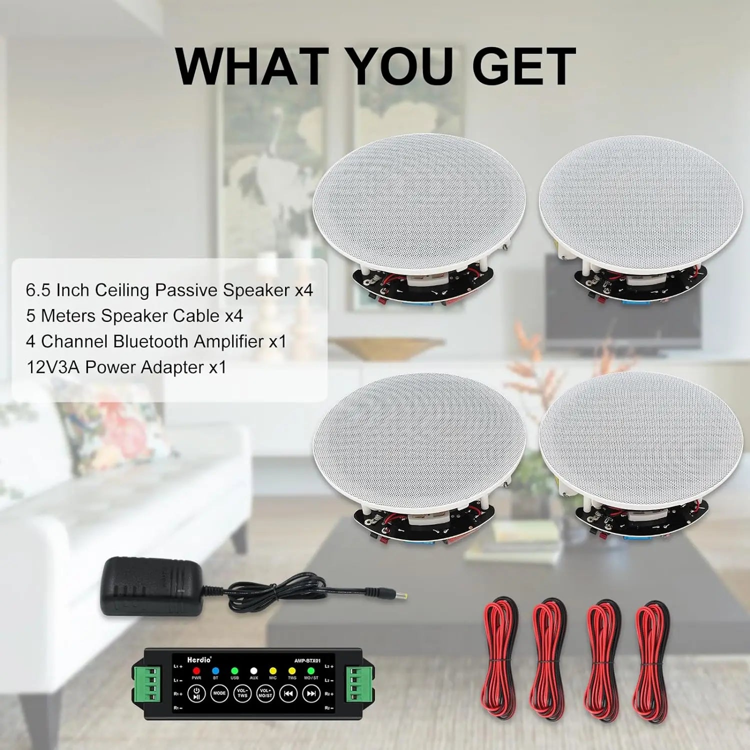 Herdio 6.5" 4 PCS 600 Watts Ceiling Bluetooth Speakers Perfect for Home Theater,Kitchen,Bedroom,Bathroom,Covered Patio