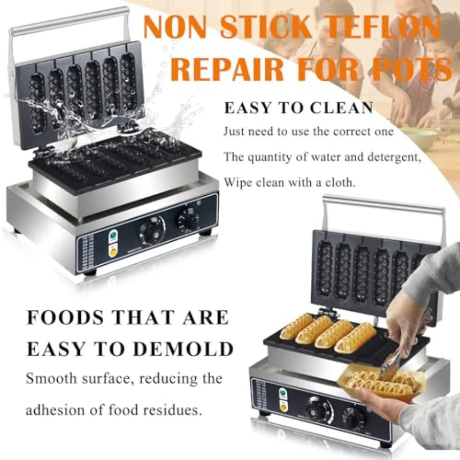 Commercial Corn Dog Waffle Maker1600W Lolly Stick Waffle Maker 6 Slice Non-Stick Stainless Steel Corn Hot Dog Waffle Iron with