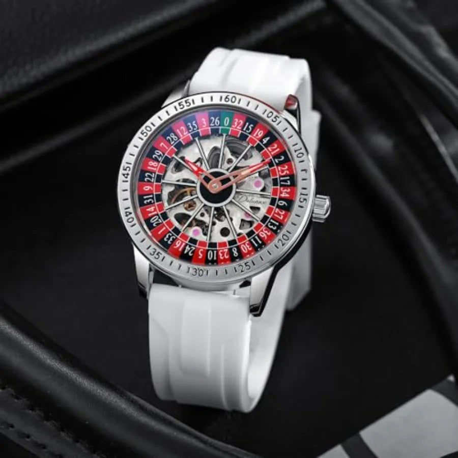 Men's Watch Automatic Hollow Mechanical Roulette Wheel Design 30M Waterproof Casual Fashion Wristwatches for Men