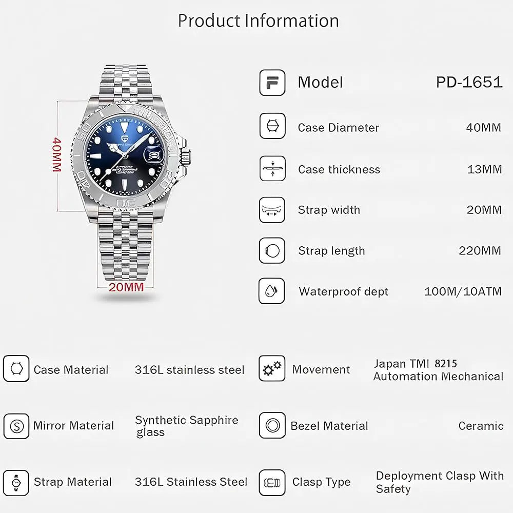 PAGANI DESIGN Classic Luxury Mens Watch Ceramic Ring Mechanical Wristwatch Stainless Steel Waterproof Automatic Watches Men Gift
