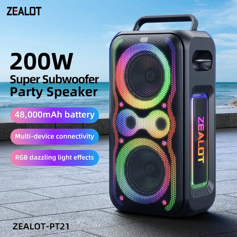 200W ZEALOT-PT21 Super Bass Party Speaker: 48000mAh Long Battery, Multi-Device Support, RGB Glow – Great for Living Room Movie