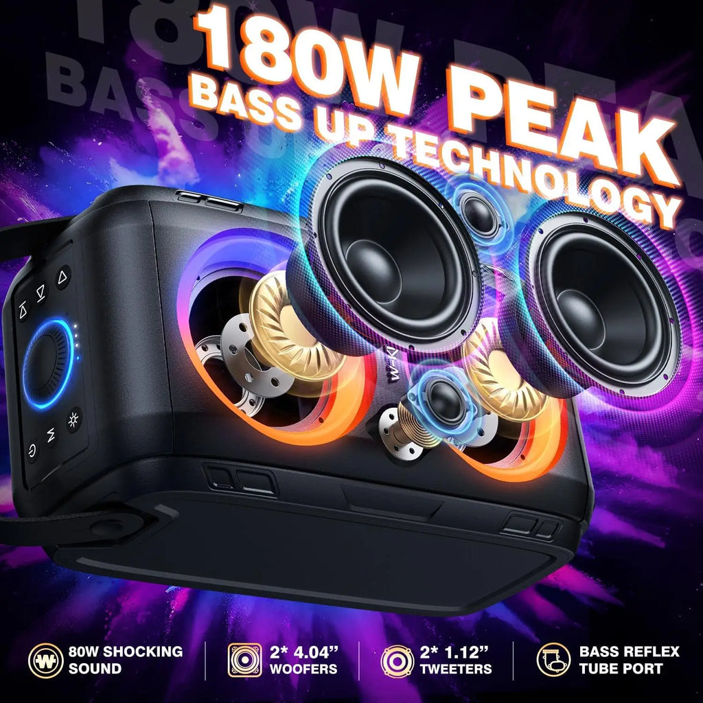 180W Max Loud Portable Bluetooth Speaker with Deep Bass, IPX5 Waterproof, 24H Playtime for Outdoor Parties