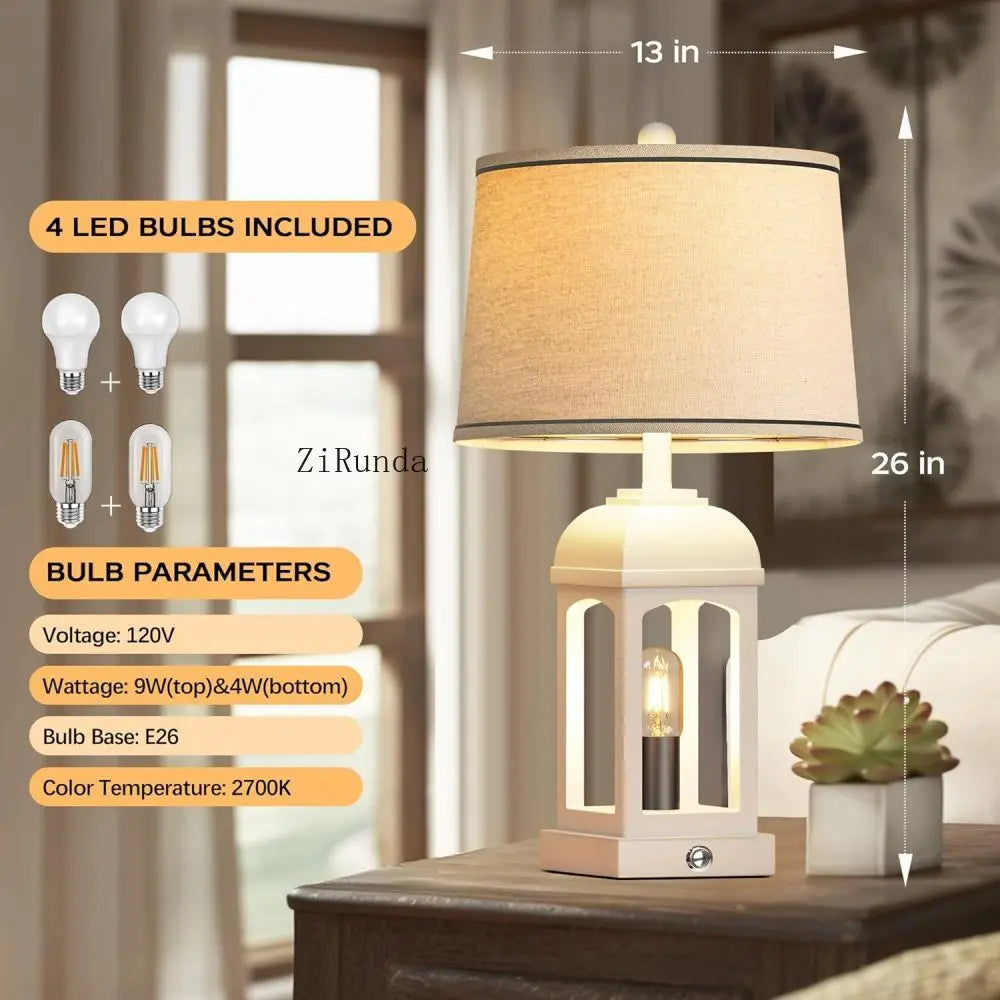 Table Lamp for Living Room, Farmhouse Lamps Set of 2 with USB A+C and Nightlight, 26" Rustic Bedside Lamps with 3-Way Dimmable