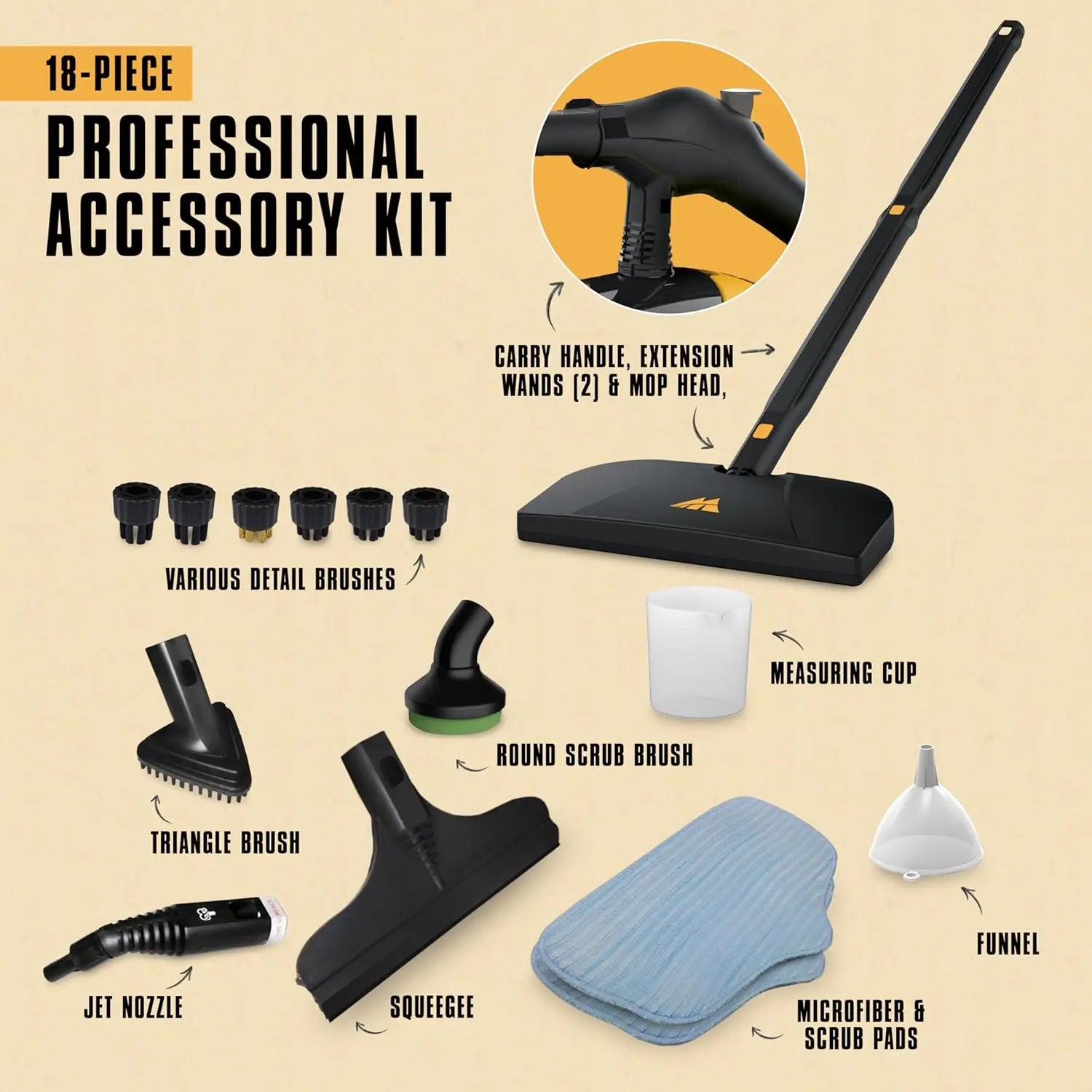 Heavy-Duty Steam Cleaner with 45-Minute Runtime and 18 Accessories for Home, Tile, Grout, Carpet, Furniture, and Car Detailing