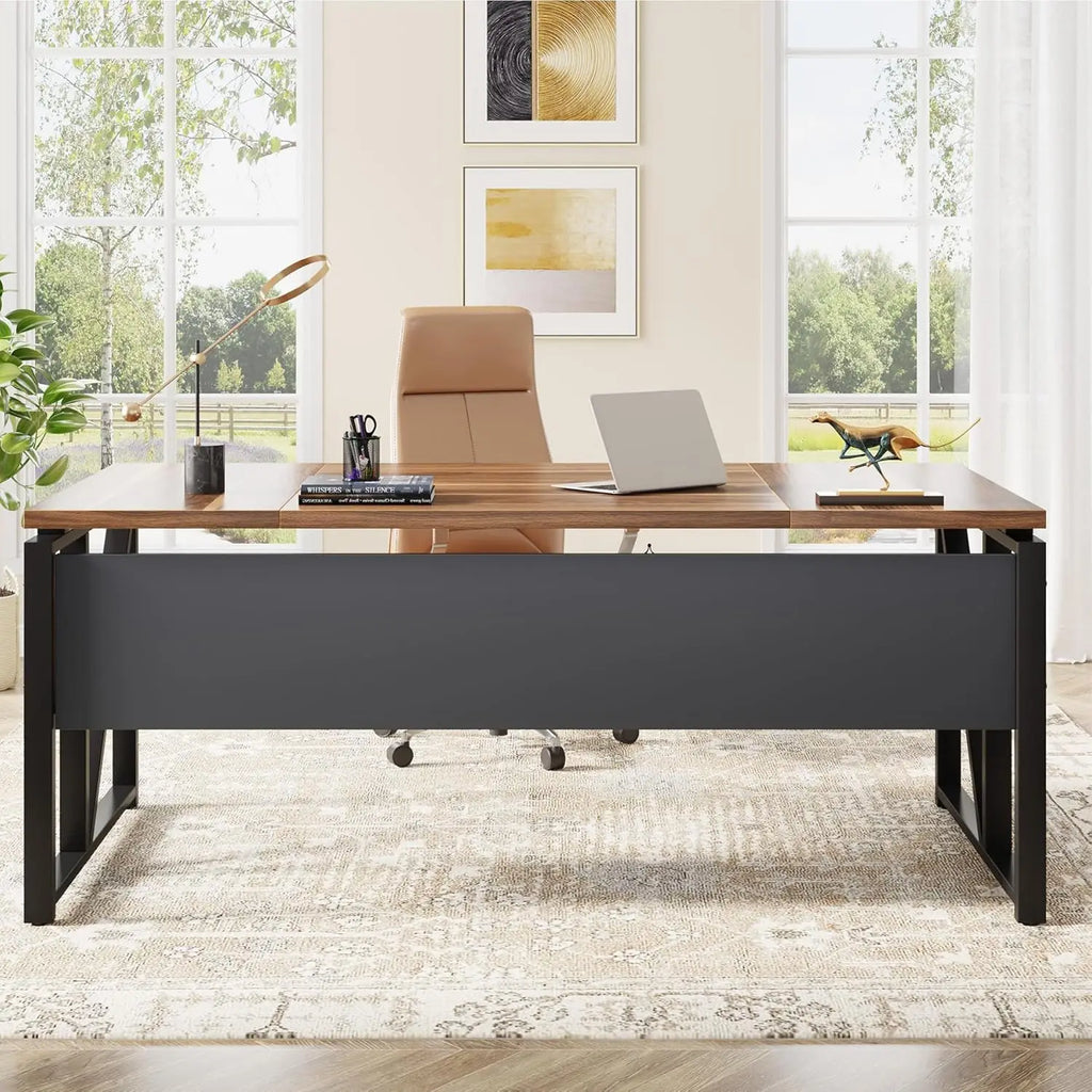 63" Computer Desk with Shelf, Home Office Writing Workstation, Dark Walnut Steel Frame, No Cabinet, Customized