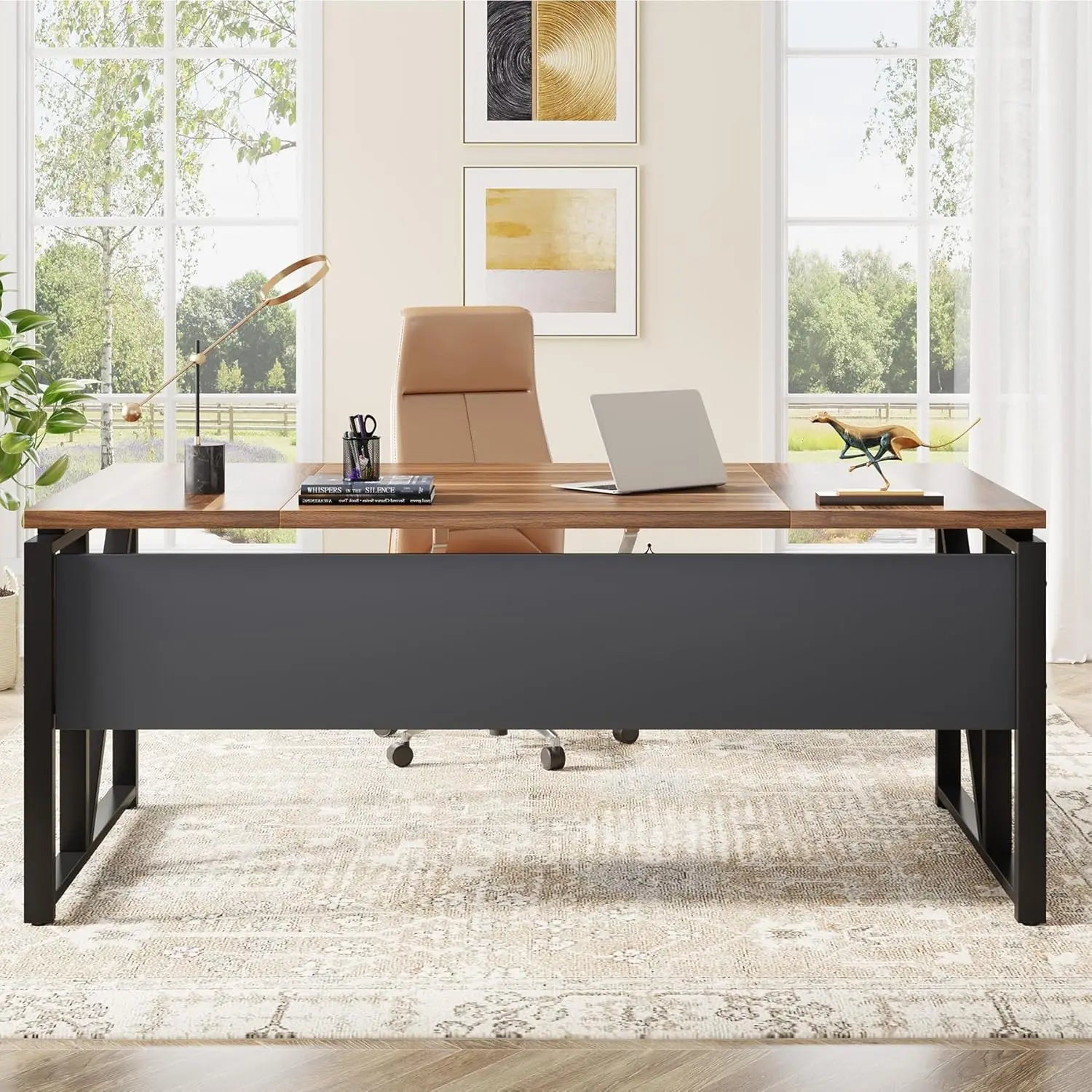 63" Computer Desk with Shelf, Home Office Writing Workstation, Dark Walnut Steel Frame, No Cabinet, Customized