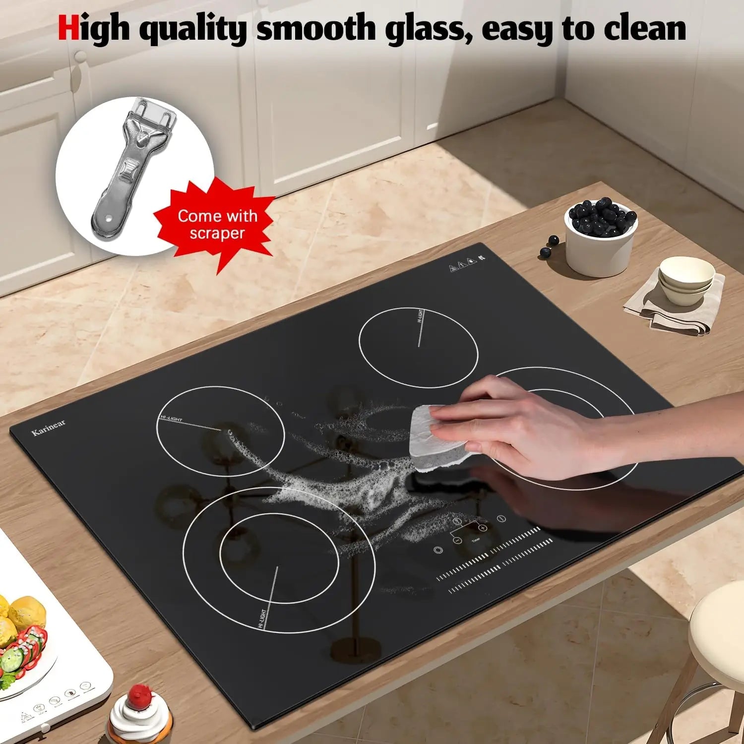 Karinear 4 Burner Electric Ceramic Cooktop 30 Inch, 220-240V, 30 Inch Built-in Install, 7100W, Slide Control, Oval Zone(No Plug)