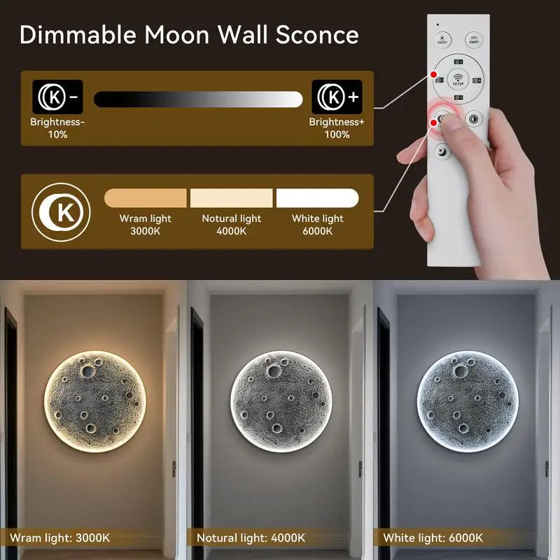 48-Inch LED Moon Wall Light - Plug-In Dimmable Sconce with Remote, 45W Main & 20W Night Light, Meteorite Crater Design, 1.75