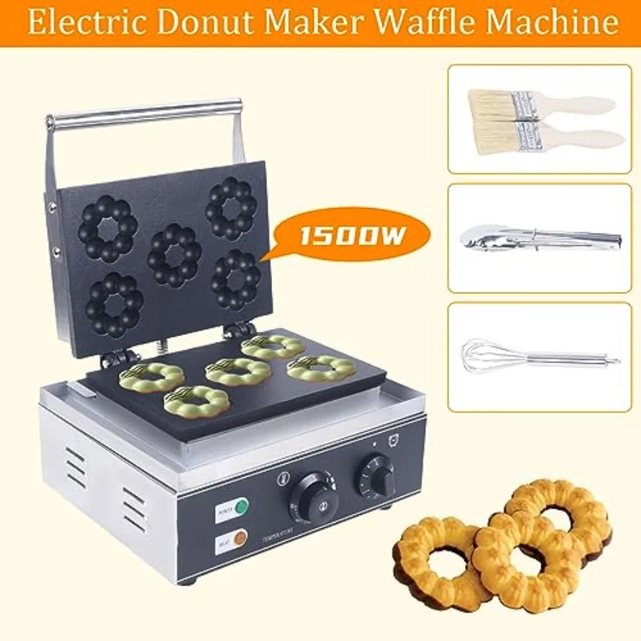 Commercial 1500W 5-Hole Plum Flower Waffle Iron Donut Maker Non-Stick Double-Sided Electric Machine for Breakfast Lunch Snacks