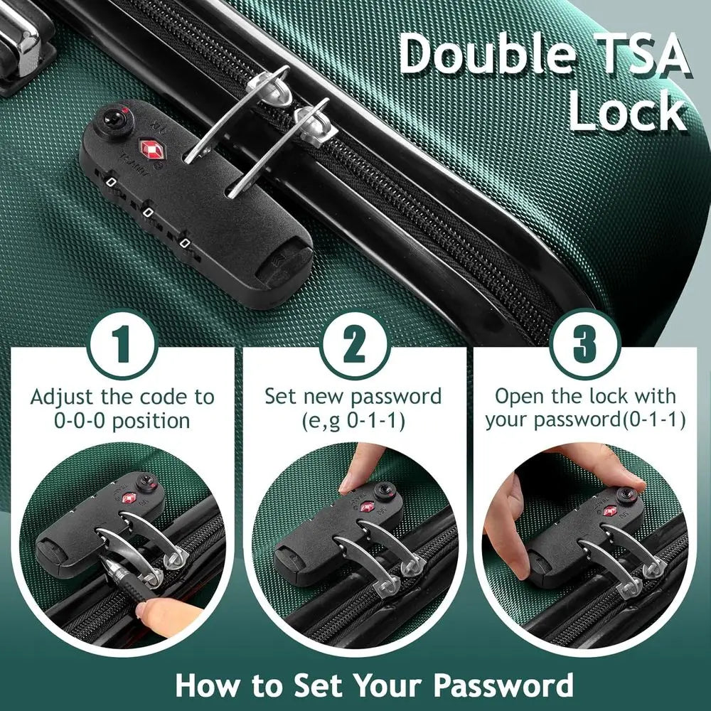 3-Piece Hardshell Luggage Set with Spinner Wheels & TSA Lock, Lightweight ABS, Green, 20/24/28 inches