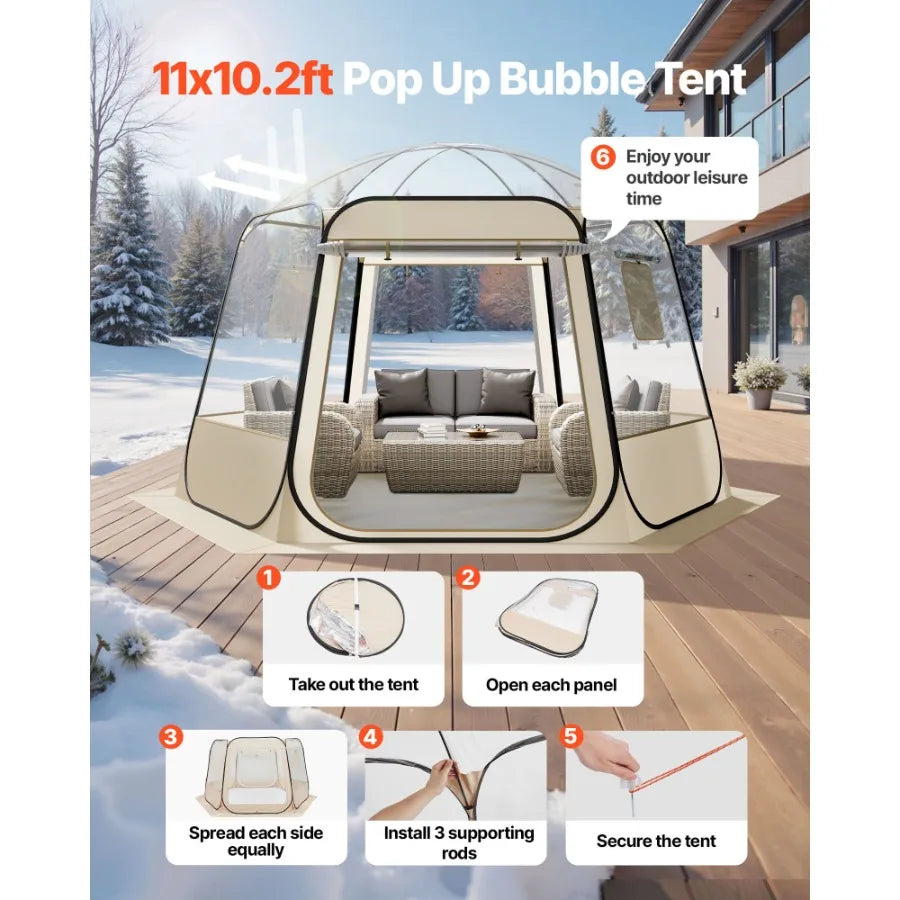 Pop up Bubble Tent for outdoor garden and patio use, made of waterproof UV-resistant clear PVC, transparent color, 540 panorami