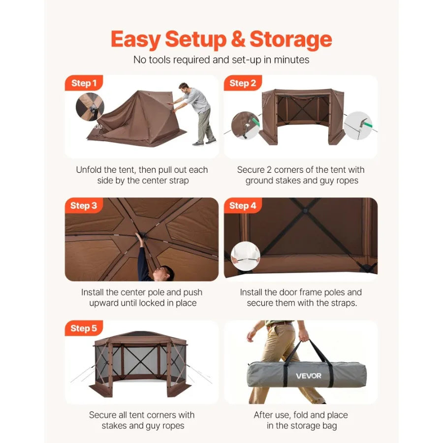 Pop up Gazebo Screen Tent 12 x 12 ft Large 6-Sided Camping Canopy Tent with Removable Top Carry Bag Quick-Set Bite-Proof Screen