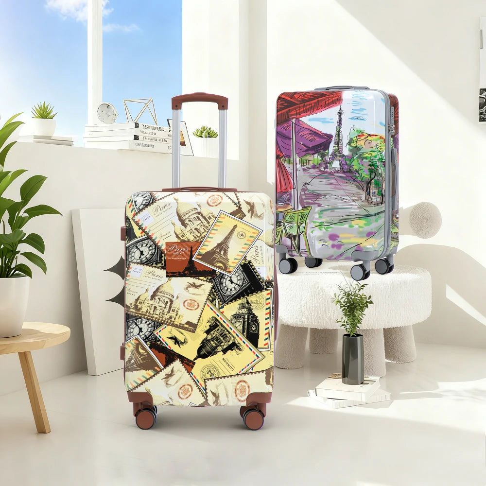 20/24/28 3 pcs/set in PC Spinner Wheel Luggage, Carry on Suitcase, With Printed pattern and Combination Lock (Coffee+Iron Tower)
