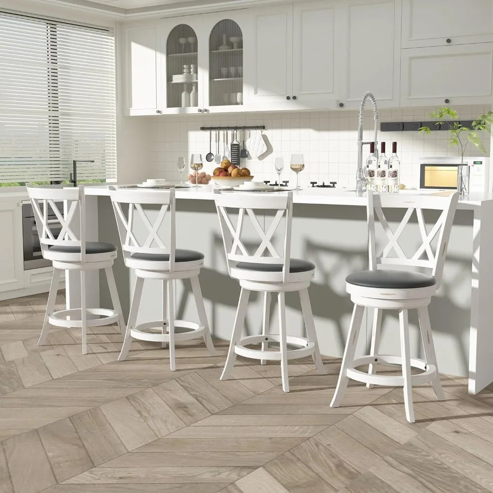 24 Inch High Back Swivel Bar Stools with Upholstered Seats and Solid Wood Footrests