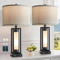 Set of 2 Modern Table Lamps with USB C+A Ports, Night Light, Retro Design for Living Room Bedroom, Includes 4 Bulbs