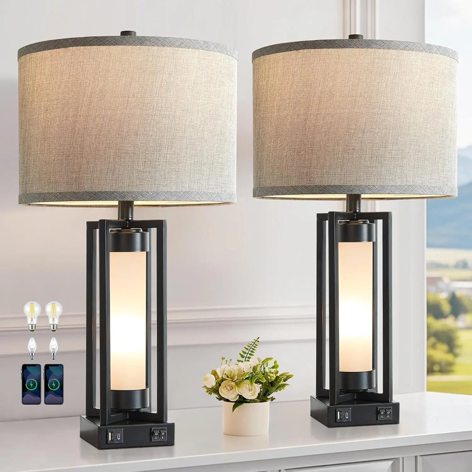 Set of 2 Modern Table Lamps with USB C+A Ports, Night Light, Retro Design for Living Room Bedroom, Includes 4 Bulbs