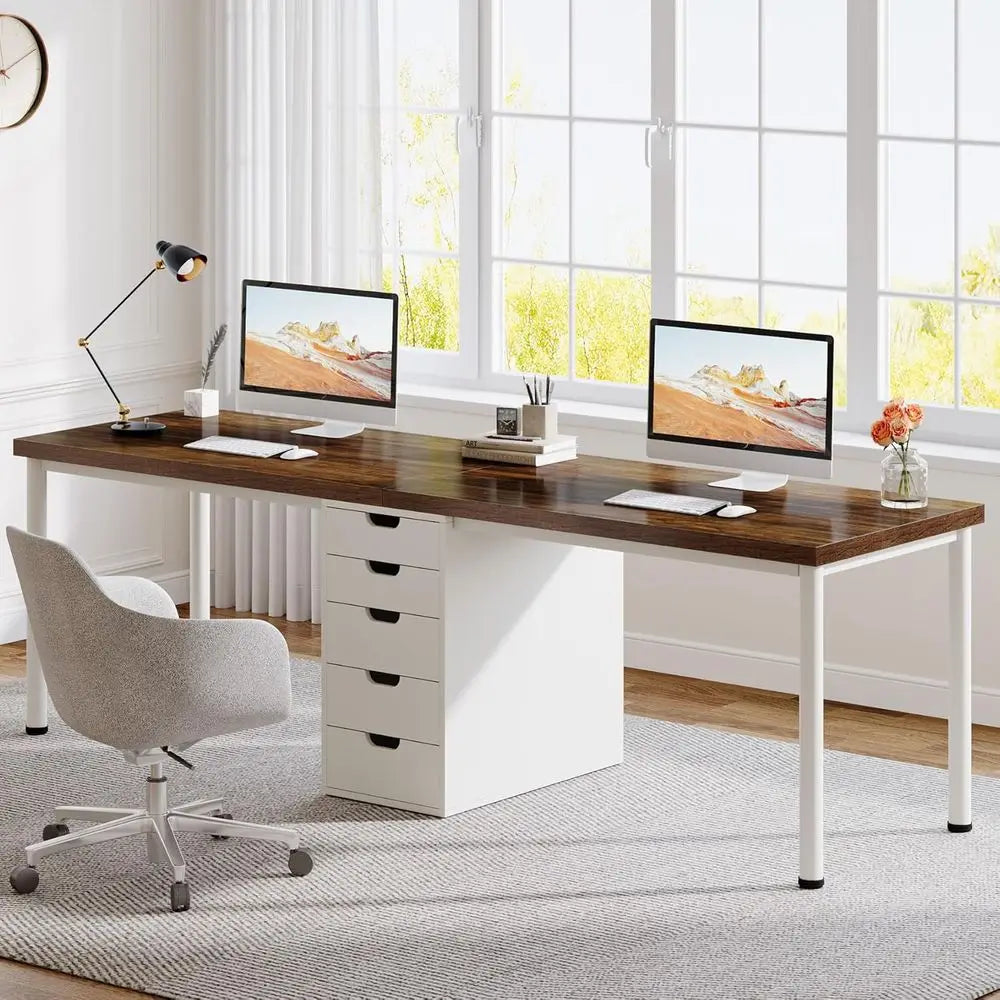 5 Drawers, 78.7 Long Double Office Desk, Modern Simple Double Computer Desk Study Writing Table Workstation for Home Office (Bro