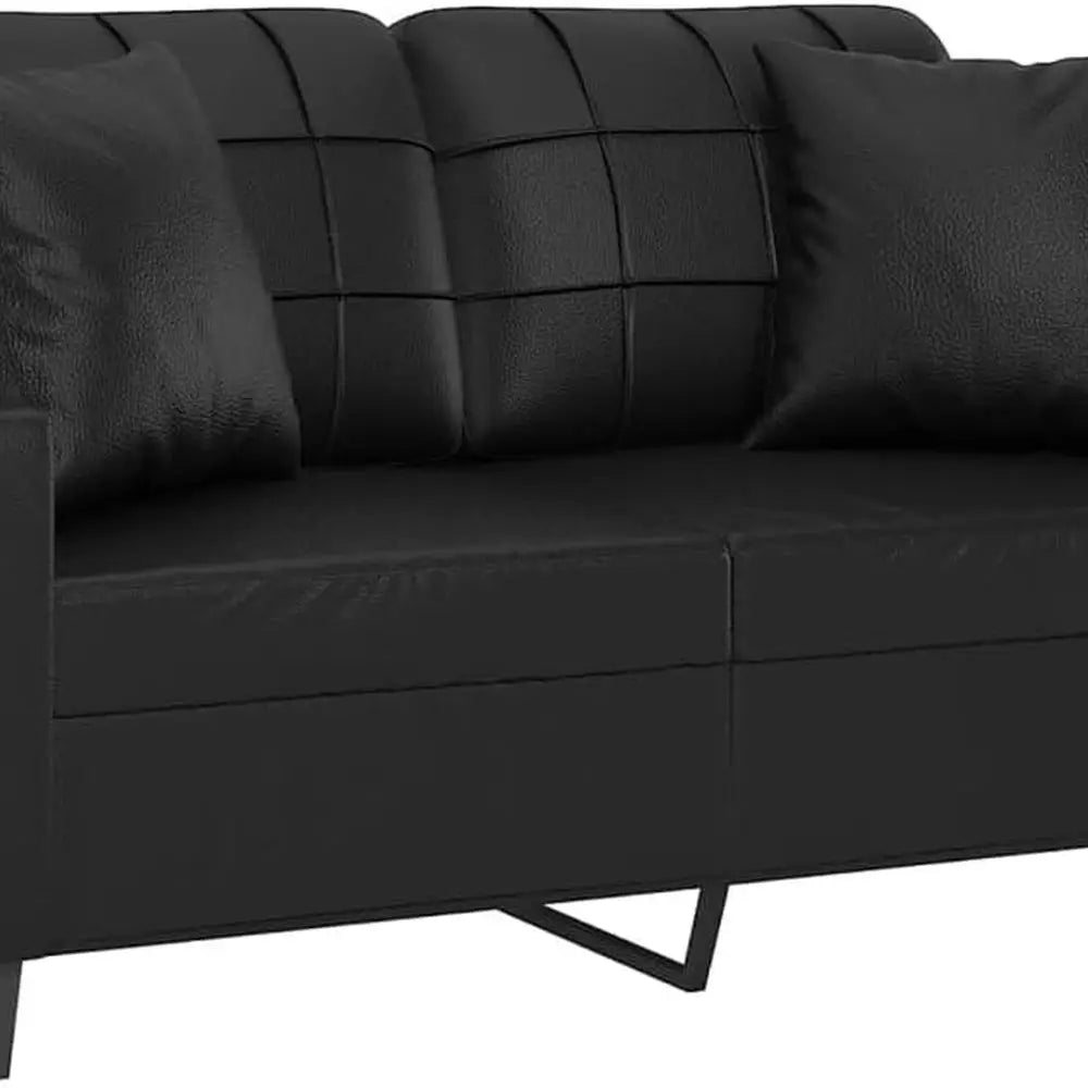 Contemporary 2-Person Sofa in Black Faux Leather with Cushioned Arms and Pillows, Metal Frame for Lounge, Living Room, Office