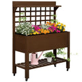 41" Raised Garden Bed Mobile Elevated Wooden Planter Box Stand with Wheels, Trellis and Storage Shelf, Dark Brown